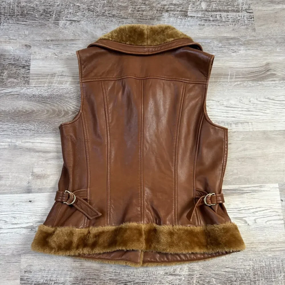 Vintage 90s Dana Buchman Brown Leather Shearling Vest Luxe Mob Wife Small